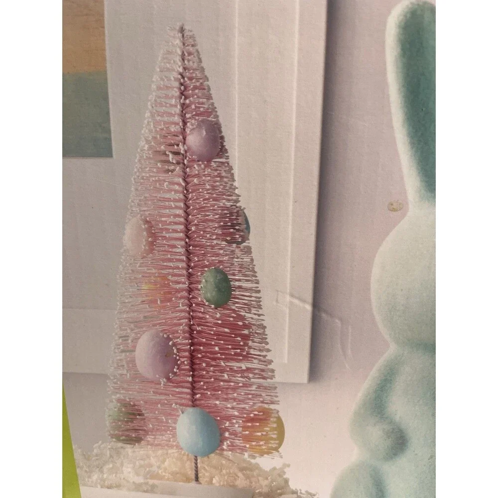 2 Flocked Bunnies Rabbits And 3 Bottlebrush Trees w Egg 5pc Easter Spring Decor